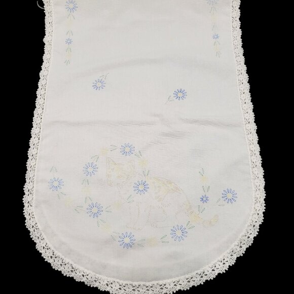 Vintage Embroidery Project White Table Runner Cat & Flowers Lace Trim 36" x 12" - Picture 2 of 3